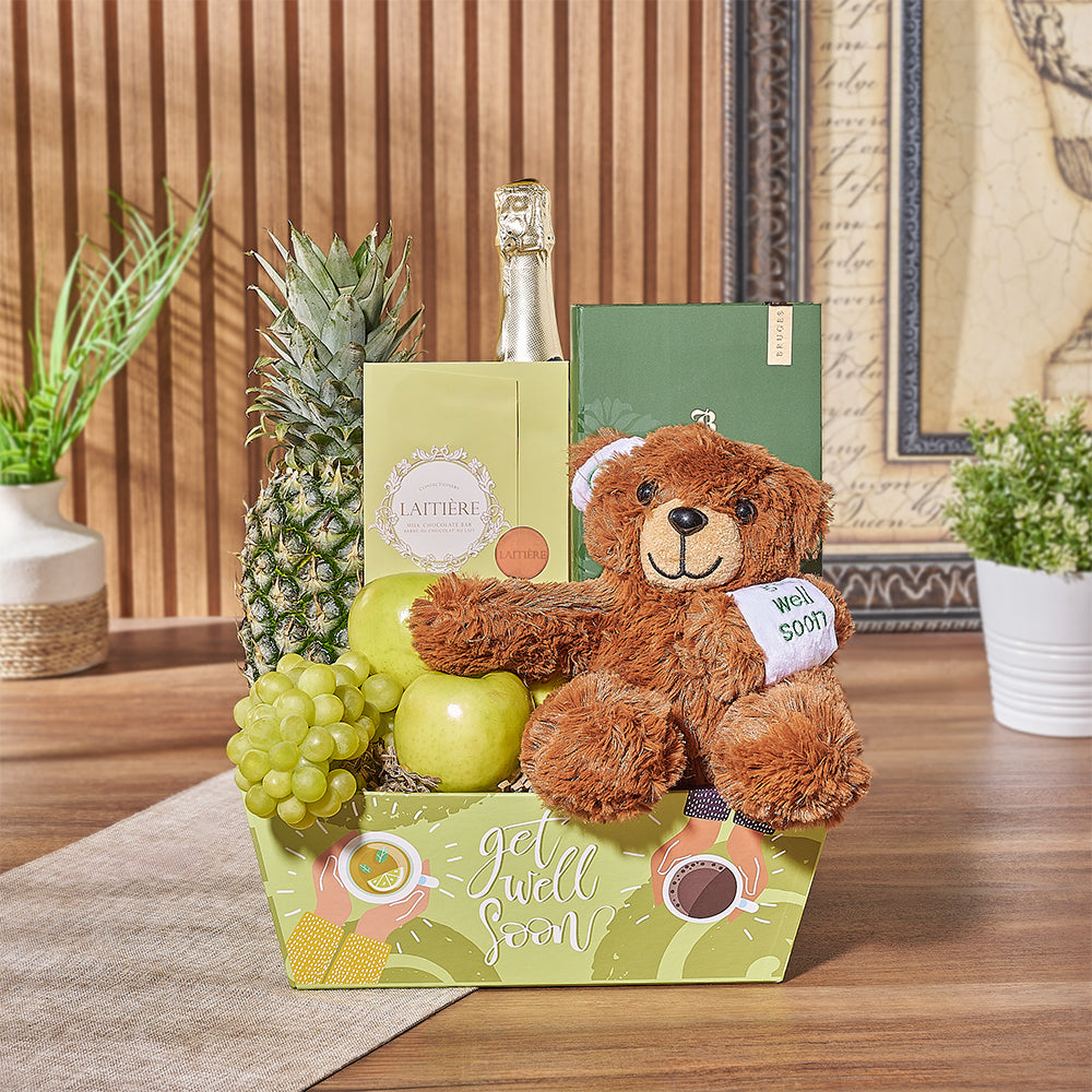 Sparkling Wine with Get Well Plush – how the gift is presented