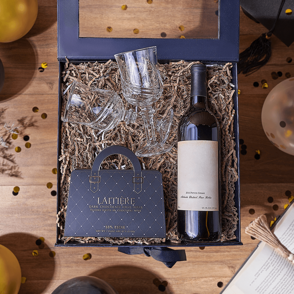 Laitière Dark Chocolate High Heels with Wine Graduation Gift Basket – how the gift is presented