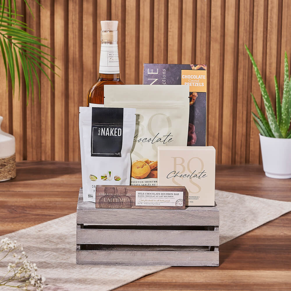 Whiskey and Snack Gift Crate – how the gift is presented