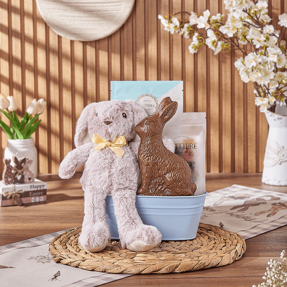 Plush Bunny and Chocolate Bucket – how the gift is presented