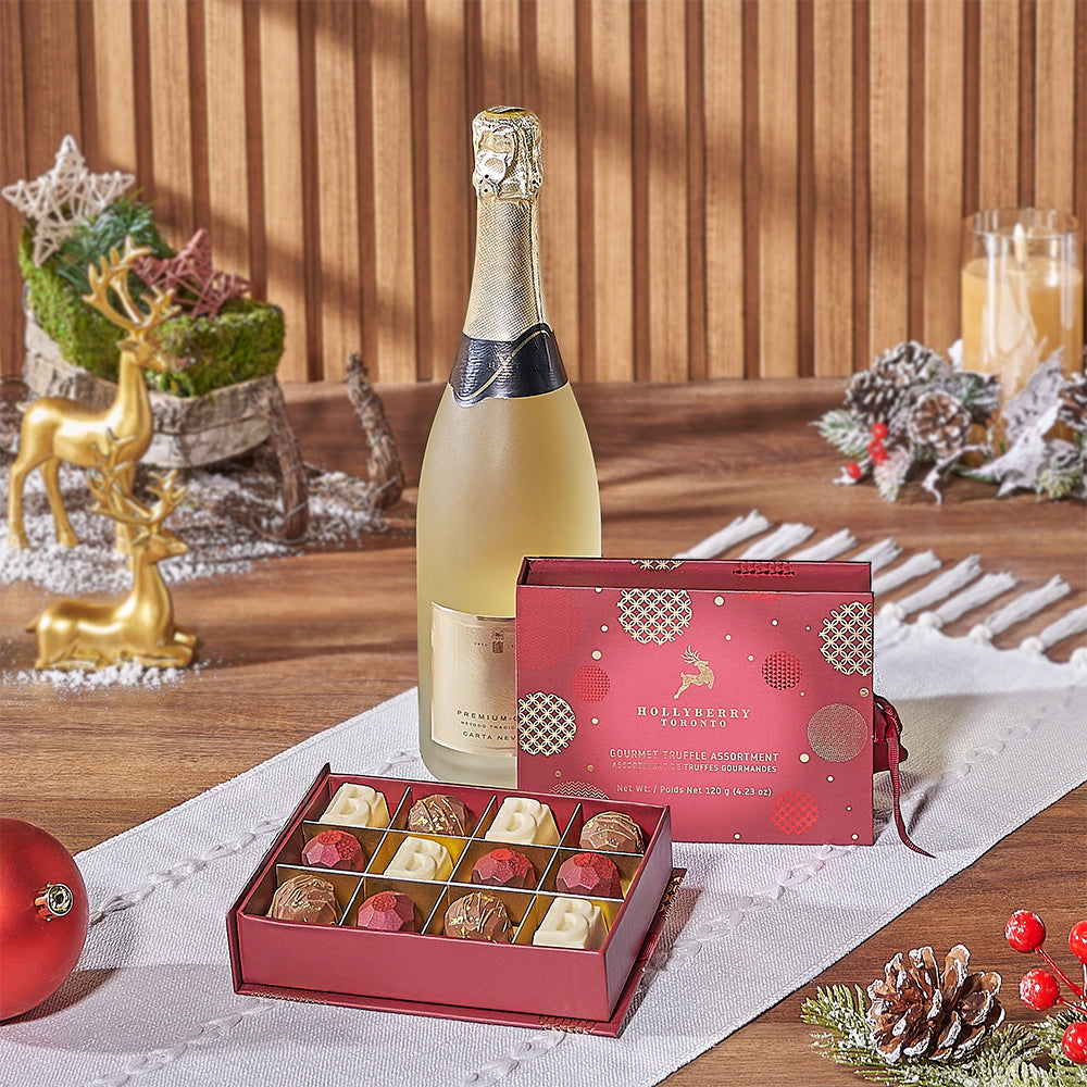 Sparkling Wine Gift Basket with Holiday Hollyberry Truffles – how the gift is presented