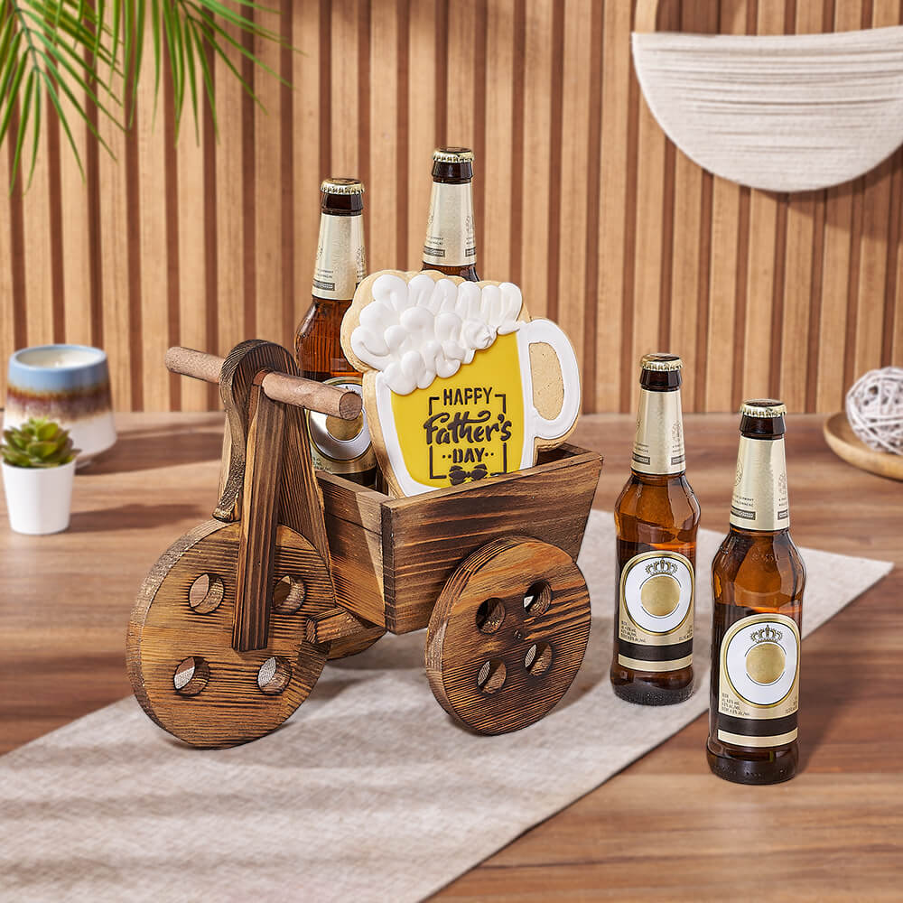 Deluxe Beer Gift Basket with Happy Father’s Day Mug Cookie in Wooden Cart – how the gift is presented