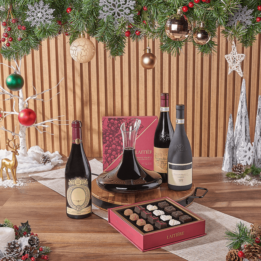 Christmas Wine & Decanter Gift, christmas gift, christmas, wine gift, wine, holiday gift, holiday, decanter gift, decanter, chocolate gift, chocolate, Chicago delivery