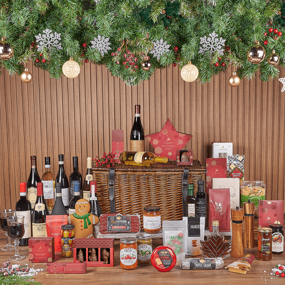 Luxury Holiday Wine Basket with Fine Cheeses and Chocolates – how the gift is presented