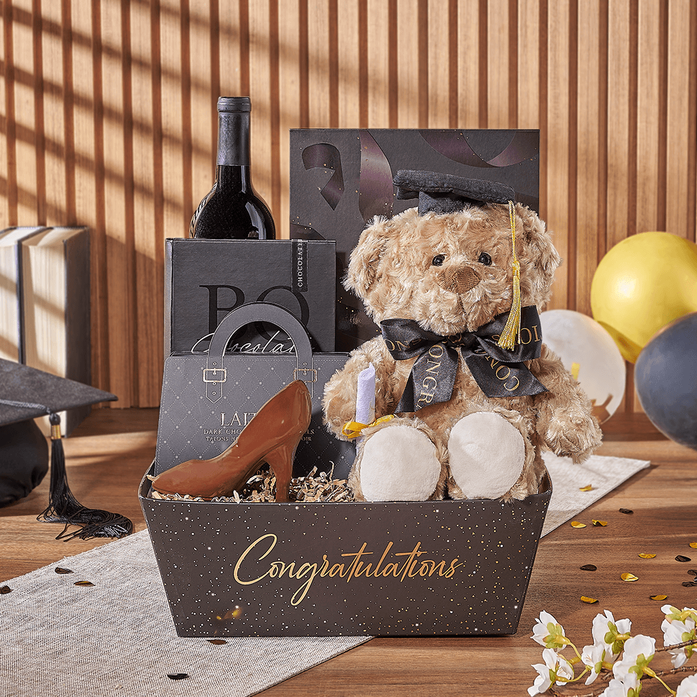 Gourmet Truffle and Dark Chocolate Gift Set with Graduation Teddy – how the gift is presented