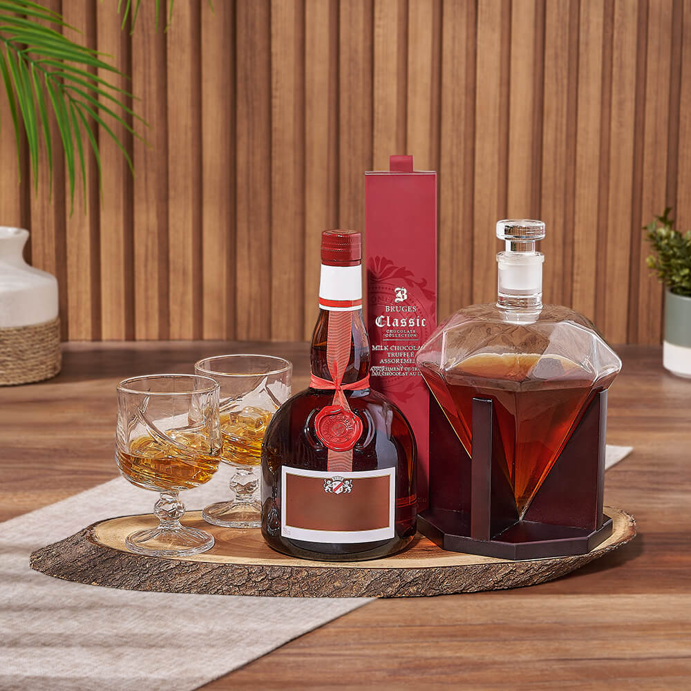 Liquor Basket with Glassware and Truffles – how the gift is presented