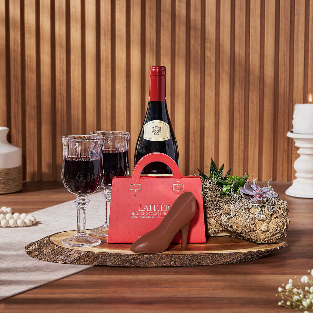 Wine Basket with Milk Chocolate Heels – how the gift is presented