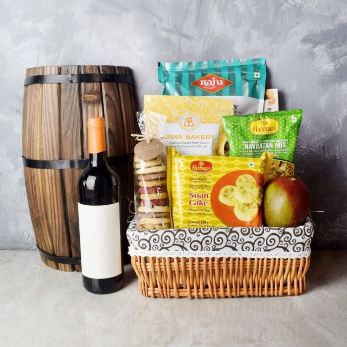 Diwali Wine Gift Basket with Snacks – how the gift is presented