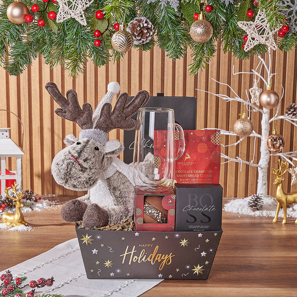 Plush Reindeer Holiday Treat Tray – how the gift is presented
