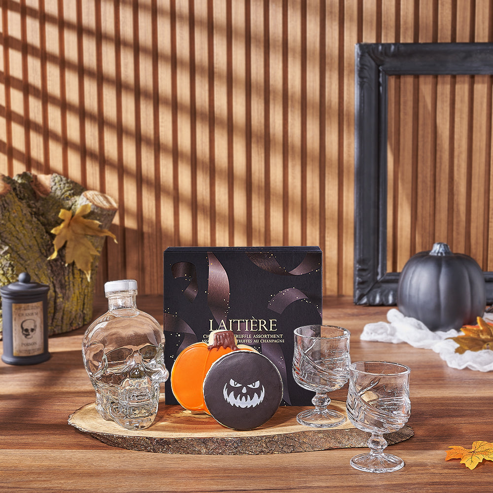 Vodka Gift Set with Crystal Head, Live-Edge Board, and Halloween Treats – how the gift is presented