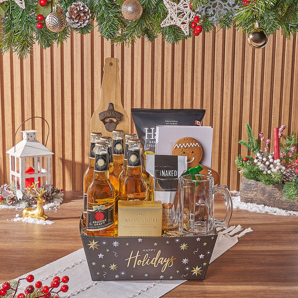 Holiday Beer Basket with Chocolate Treats – how the gift is presented