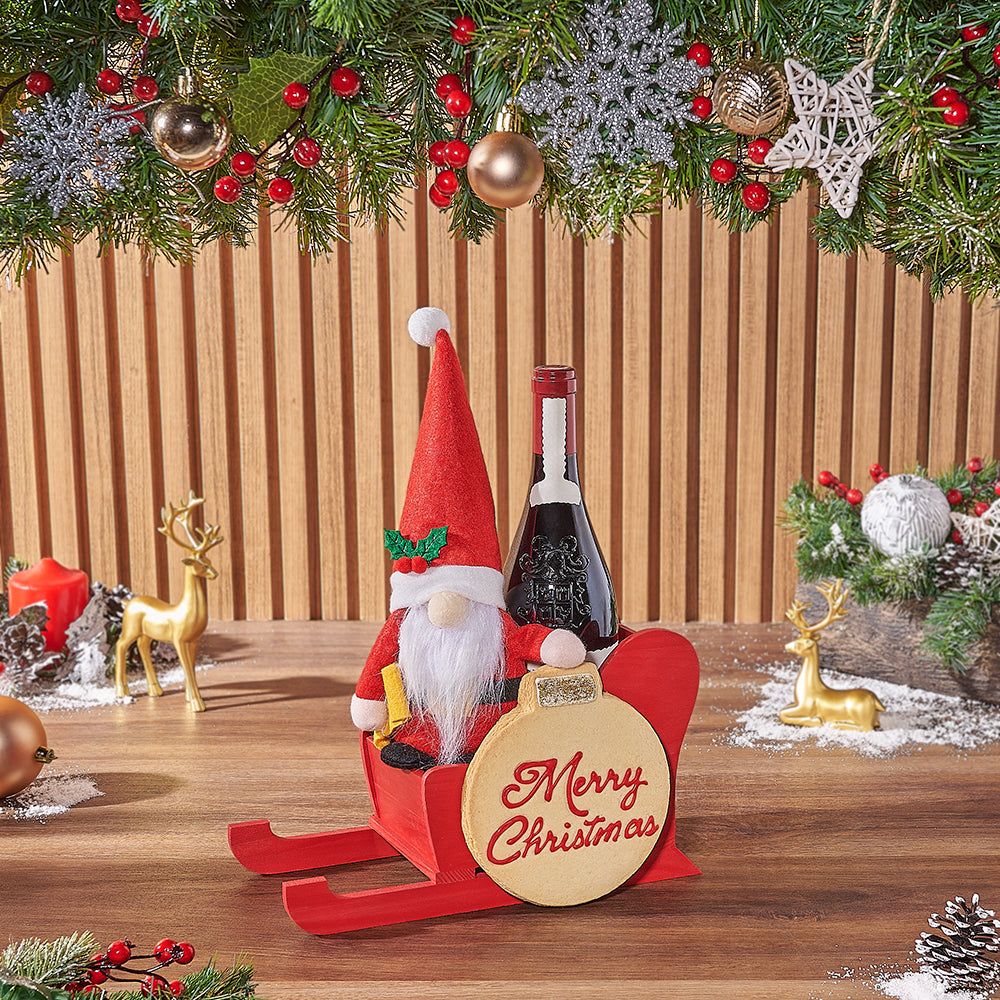 Holiday Wine Gift in Red Sled – how the gift is presented
