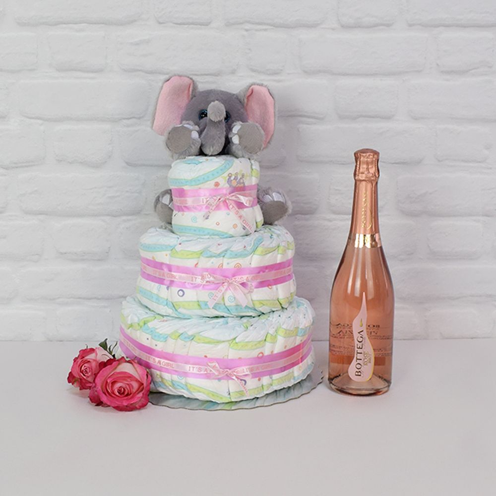 Champagne and Three-Tier Diaper Cake – how the gift is presented