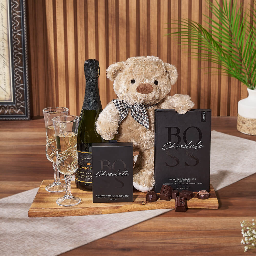 Dark Chocolate Sparkling Wine Basket – how the gift is presented