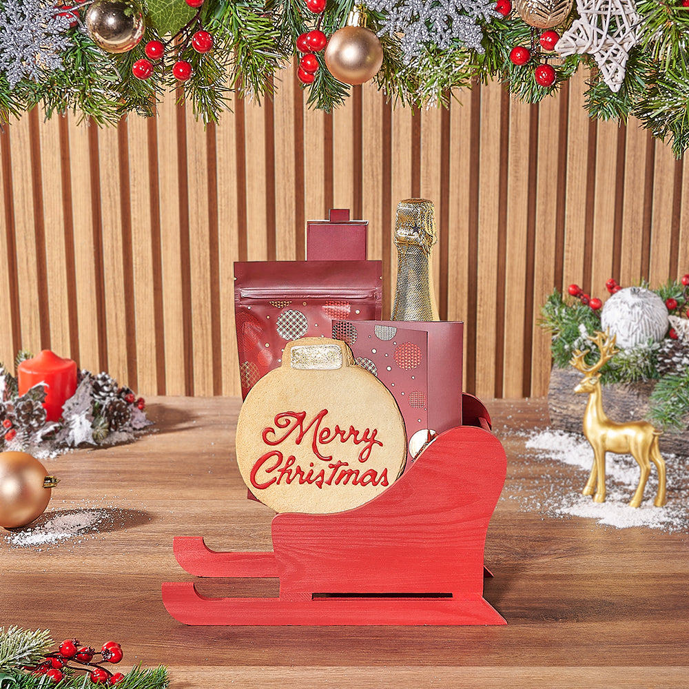 Sparkling Wine Gift in Red Sled – how the gift is presented