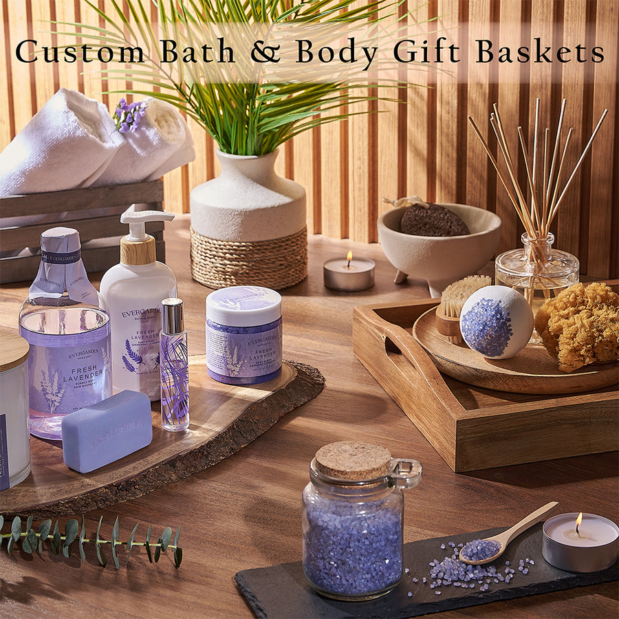 Custom Bath and Body Gift Baskets. Create a tailored gift filled with their favorite spa items, delicious treats, and optional bottles of wine or champagne - Chicago Baskets 
