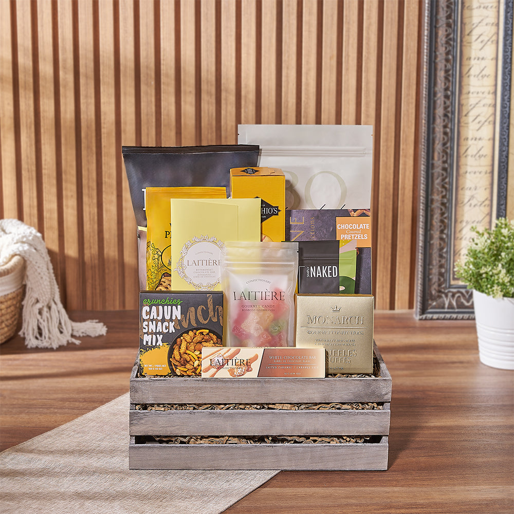 Assorted Chips and Chocolates Snack Basket – how the gift is presented
