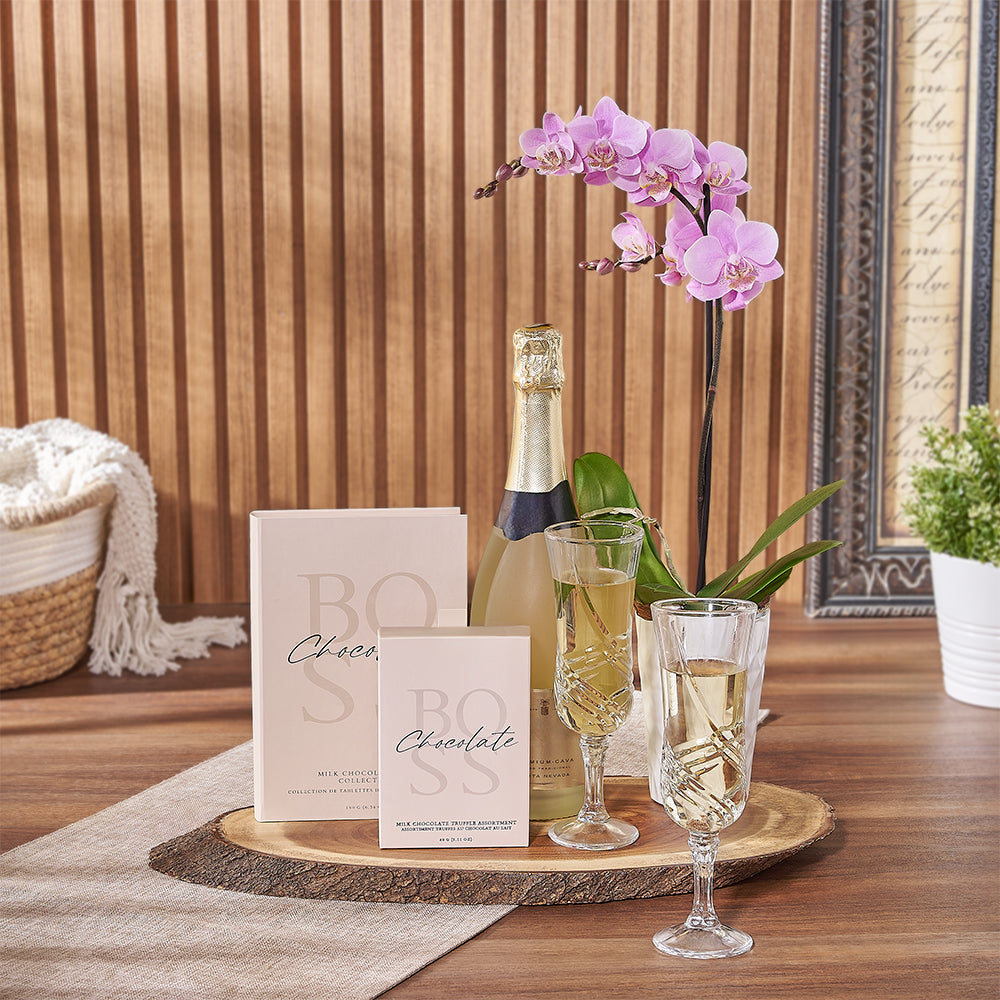Phalaenopsis Orchid Housewarming Basket with Sparkling Wine and Gourmet Treats – how the gift is presented