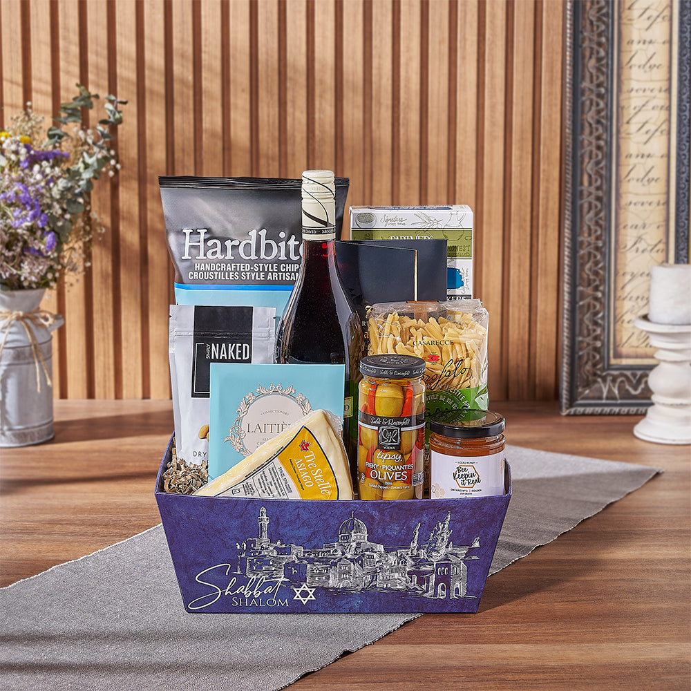 Blue Shabbat Tray with Kosher Wine – how the gift is presented