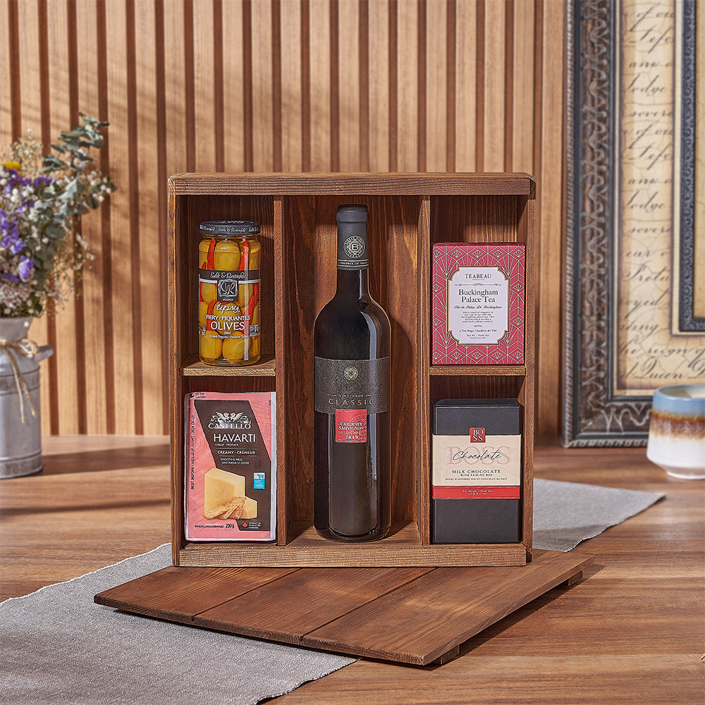 Kosher Wine Gift Basket with Olives – gift basket with kosher bottle of wine, teabeau buckingham palace tea box - maroon and sable & rosenfeld tipsy