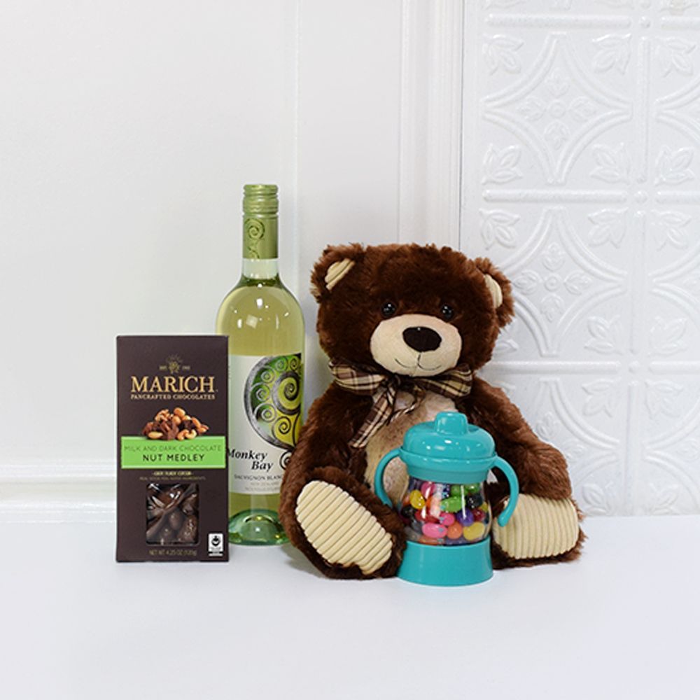 New Baby Wine Gift Box – gift basket with bottle of wine, oxottot transitional teal sippy cup 6oz and marich milk & dark chocolate nut medley