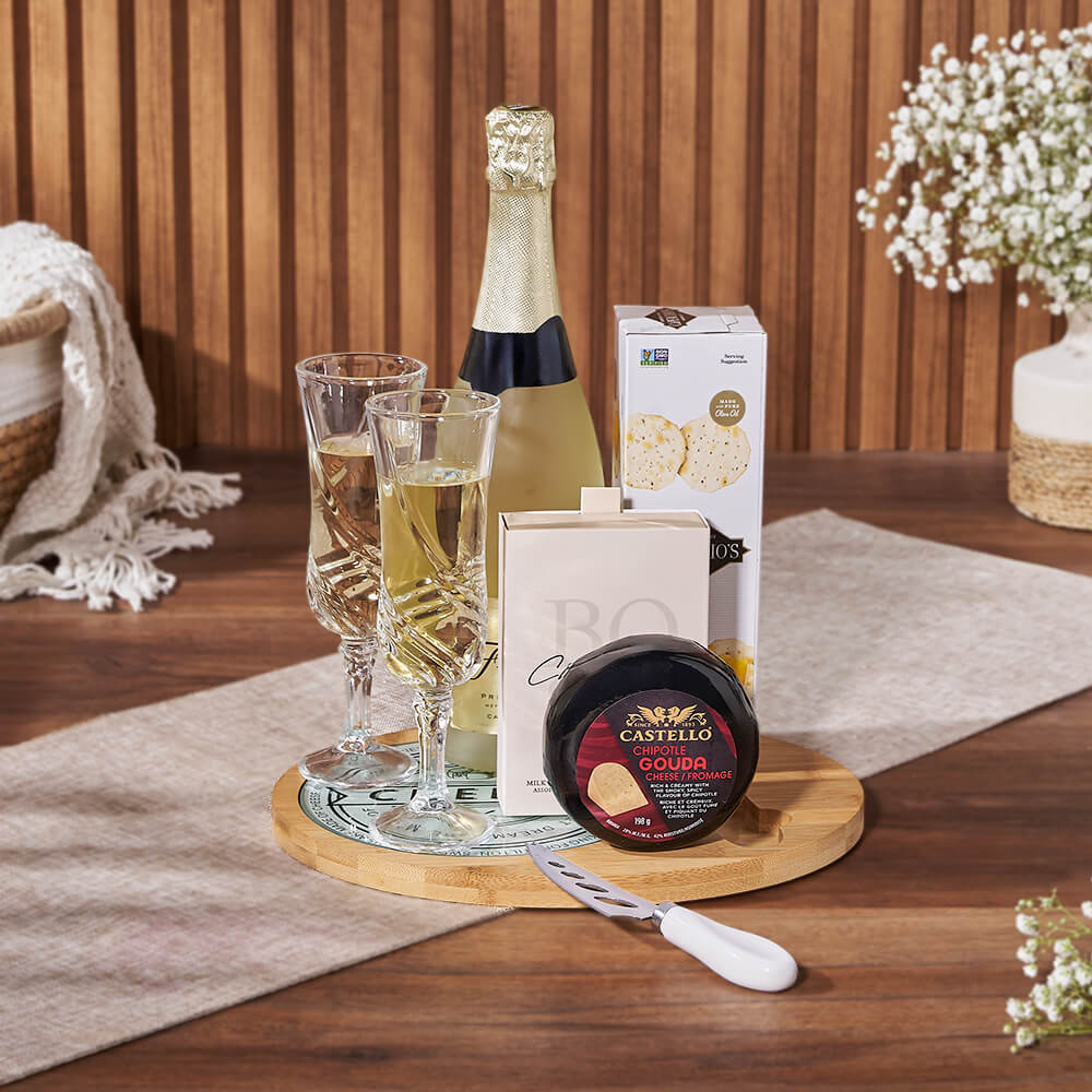 Bubble &amp; Cheese Please Champagne Gift Basket from Chicago Baskets - Champagne Gift Set - Chicago Delivery.