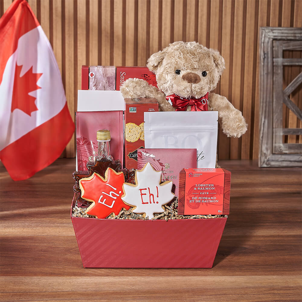Seafood and Gourmet Snack Basket in Red Tray for Canada Day – how the gift is presented