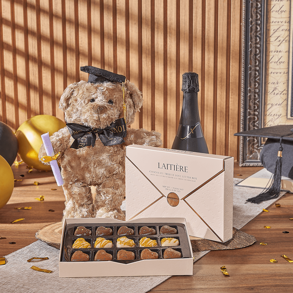Champagne & Graduate Bear, champagne gift, champagne, sparkling wine gift, sparkling wine, graduation gift, graduation, chocolate gift, chocolate, Chicago delivery