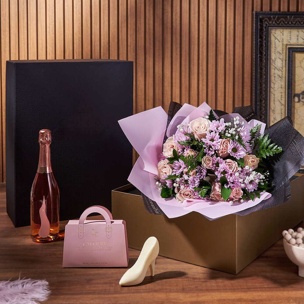 Champagne &amp; Mixed Rose Gift Set, sparkling wine gift, sparkling wine, rose gift, rose, flower gift, flowers, floral gift basket, floral gift, Chicago delivery
