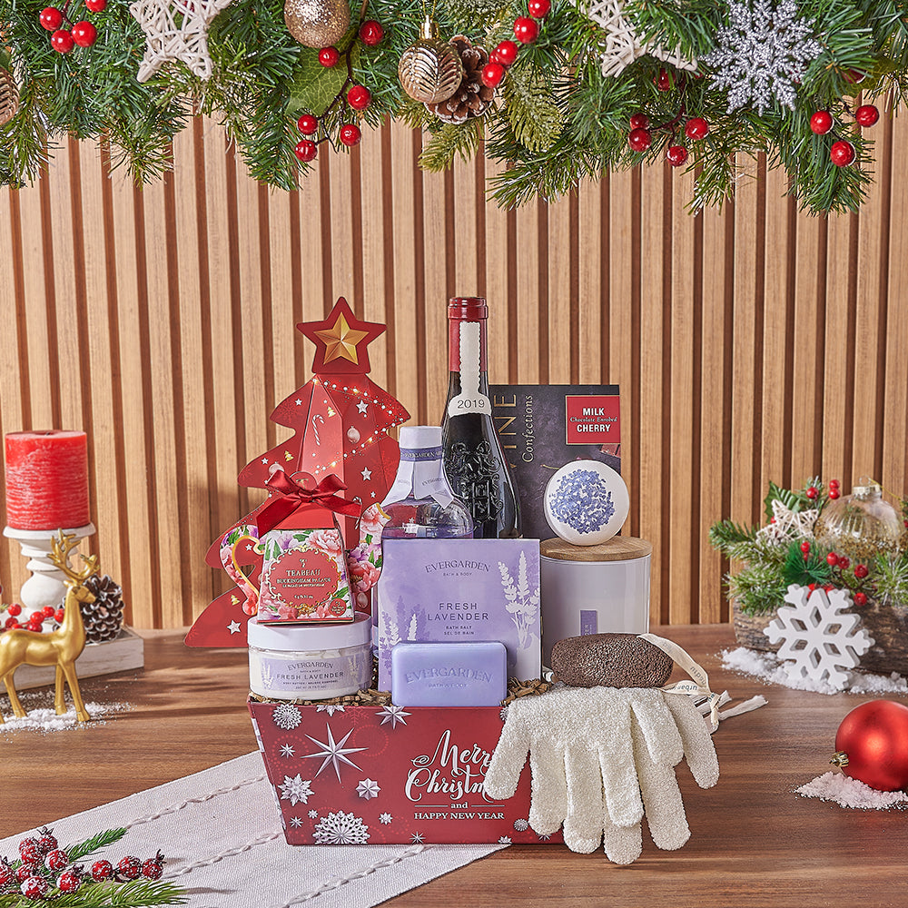 Christmas Wine &amp; Spa Gift Set, wine gift, wine, spa gift, spa, chocolate gift, chocolate, tea gift, tea, Chicago delivery