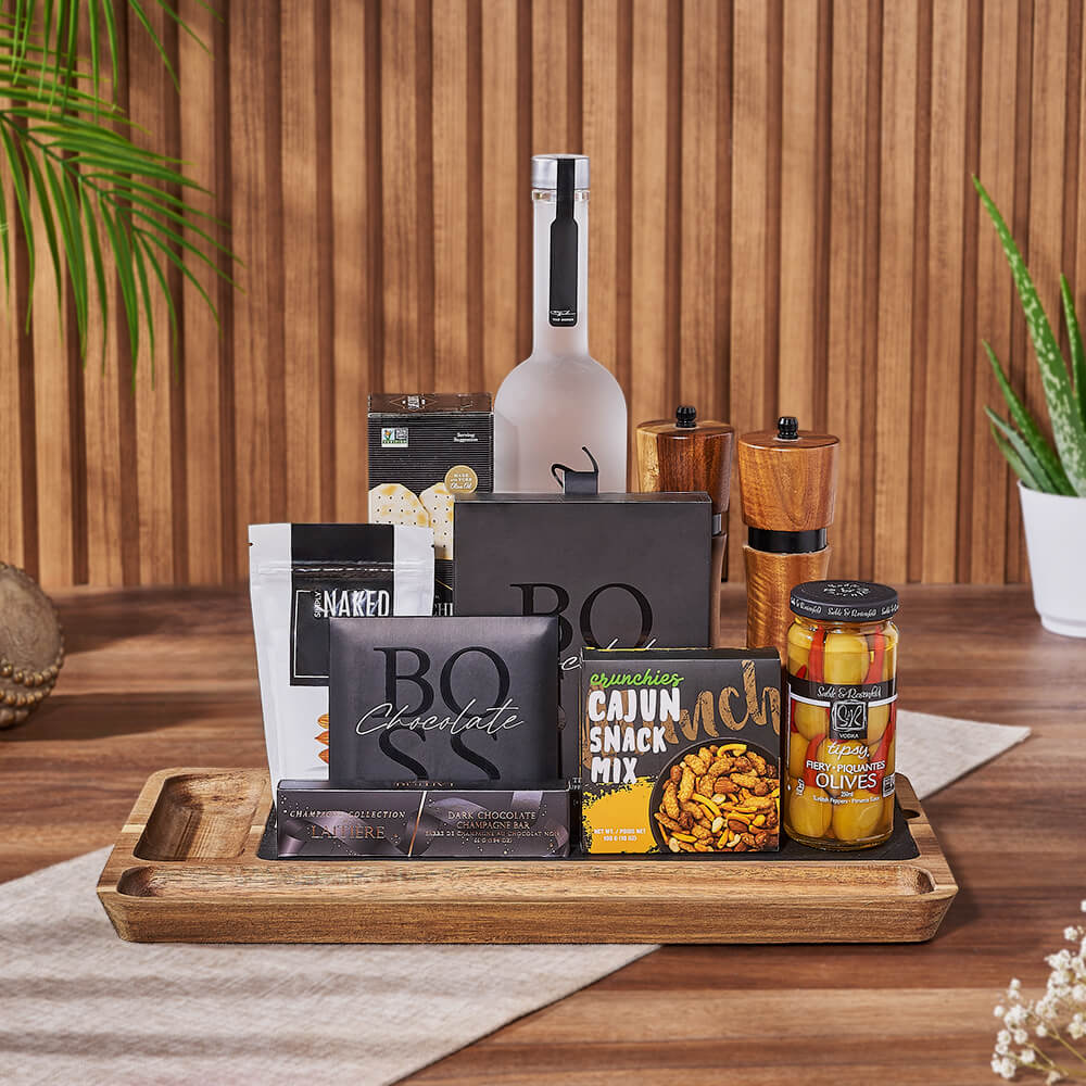 Vodka Gift Basket with Dark Chocolate – how the gift is presented