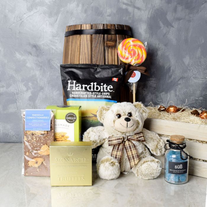 Rustic Wood Crate Gift Basket with Plush Bear and Gourmet Snacks – how the gift is presented