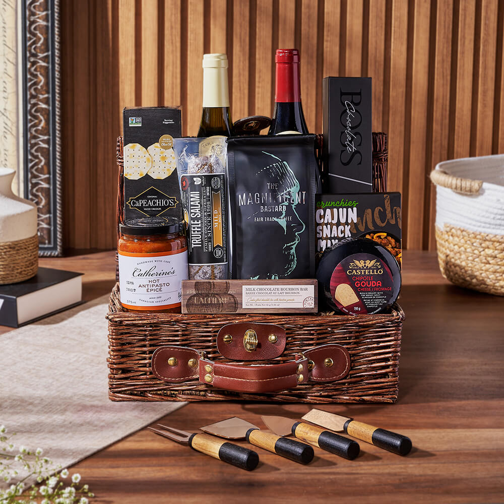 Deluxe Wine &amp; Appetizer Gift Basket, wine gift, wine, charcuterie gift, charcuterie, coffee gift, coffee, Chicago delivery 