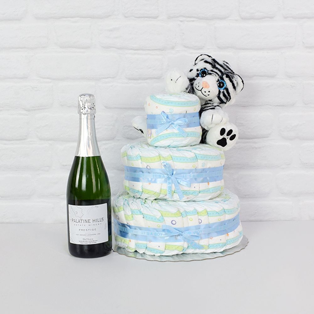 Diapers &amp; Plush Tiger Champagne Gift Set from Chicago Baskets - Chicago Delivery