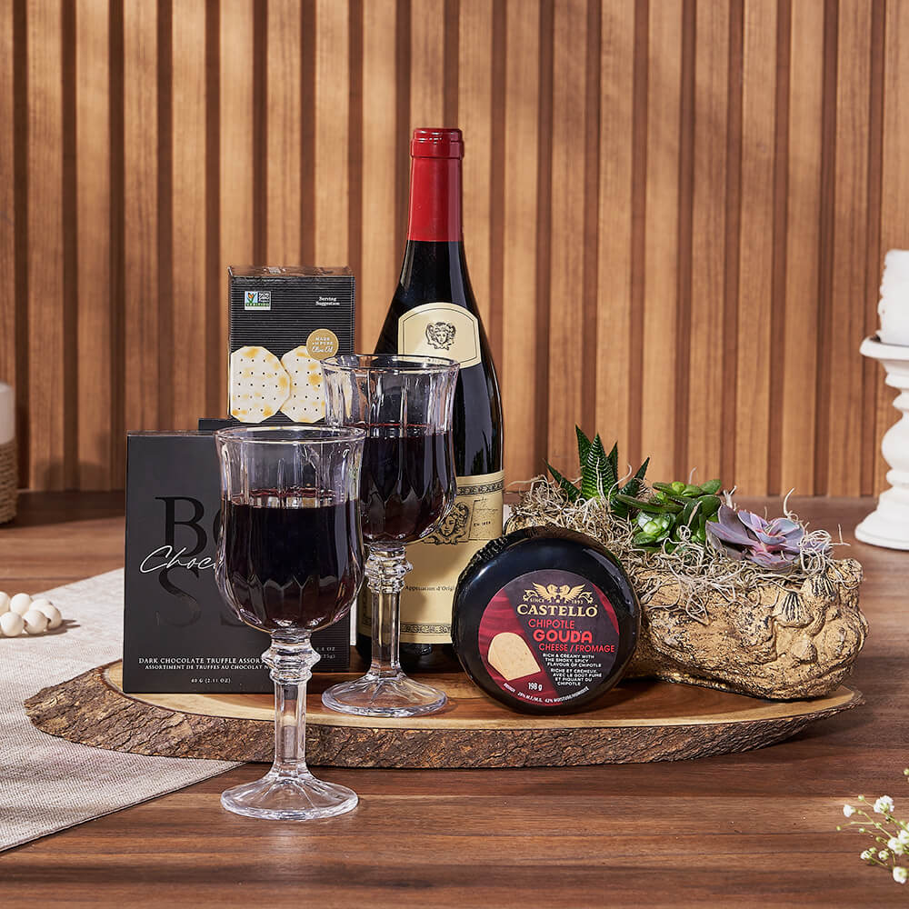 Exquisite Treats &amp; Wine Gift Set, wine gift, wine, plant gift, plant, Los Angeles delivery