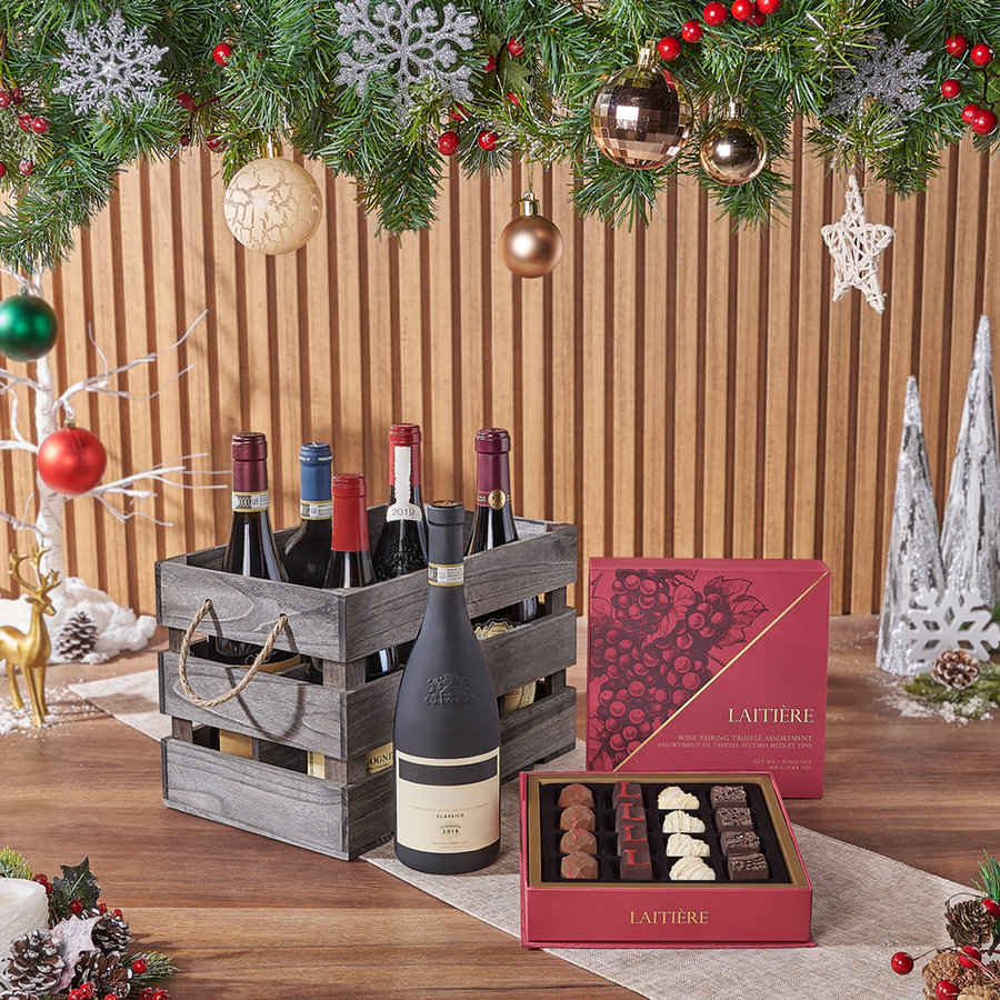 Festive Christmas Wine Gift Crate, wine gift, wine, christmas gift, christmas, holiday gift, holiday, chocolate gift, chocolate, Chicago delivery