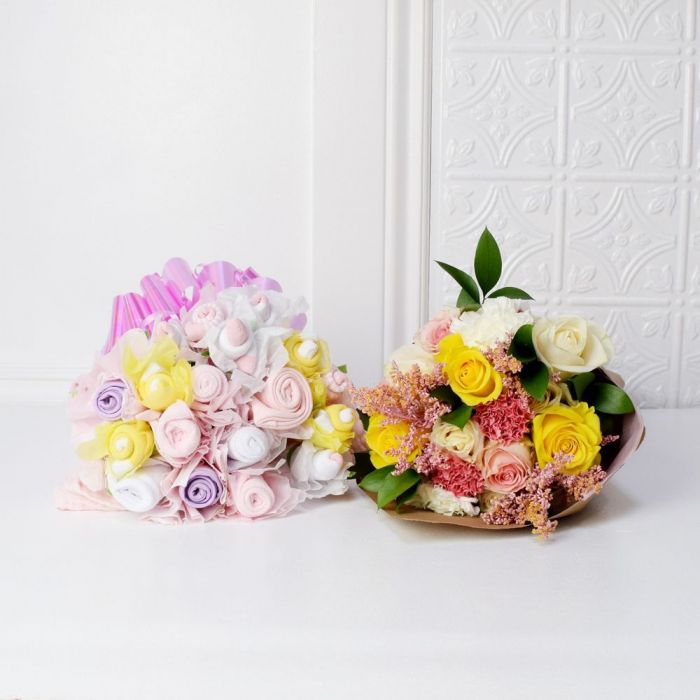 Floral &amp; Cuddly Bouquet For The Baby Girl Gift Set from Chicago Baskets - Flower Gift Basket - Chicago Delivery.