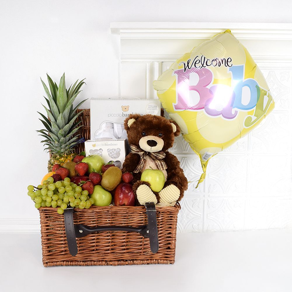 Fresh Fruit Baby Gift Basket – gift basket with double steamed wicker basket with black straps, green grapes and 10 strawberries