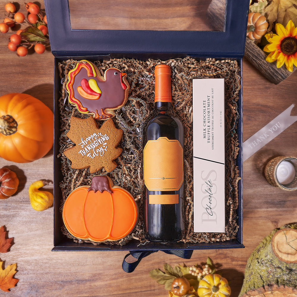 Happy Thanksgiving Wine &amp; Cookie Box, thanksgiving gift, thanksgiving, wine gift, wine, chocolate gift, chocolate, Chicago delivery