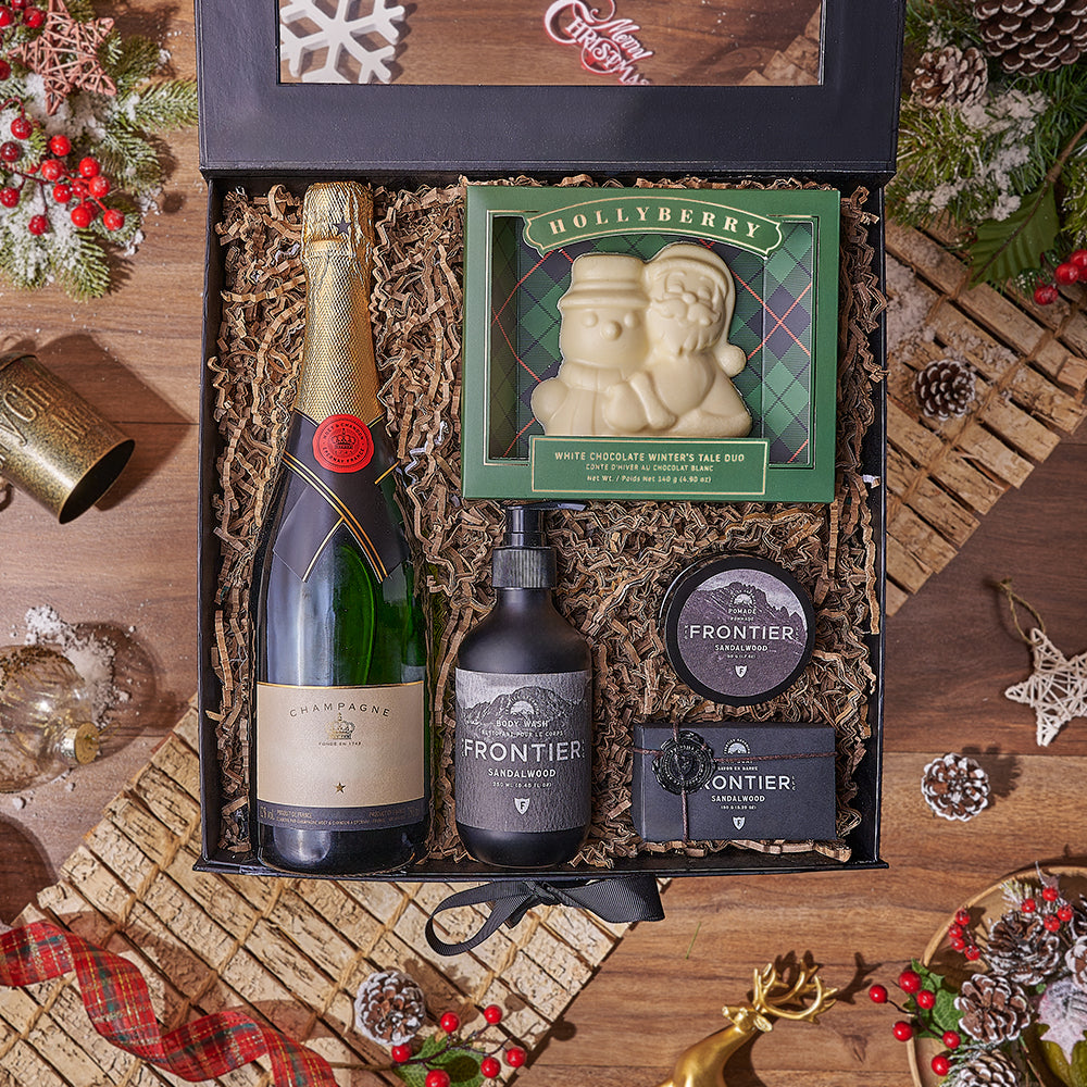 Holiday Bubbly &amp; Spa Gift Box, chocolate gift, chocolate, champagne gift, champagne, sparkling wine gift, sparkling wine, Christmas gift, Christmas, Chicago delivery