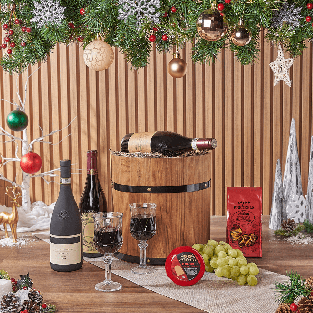 Holiday Fine Wine &amp; Cheese Barrel, wine gift, wine, cheese gift, cheese, fruit gift, fruit, christmas gift, christmas, holiday gift, holiday, Chicago delivery