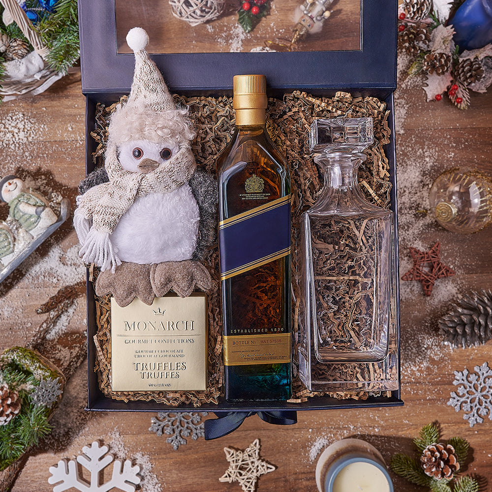 Holiday Liquor Decanter &amp; Treats Basket, liquor gift, liquor, chocolate gift, chocolate, decanter gift, decanter, christmas gift, christmas, Chicago delivery