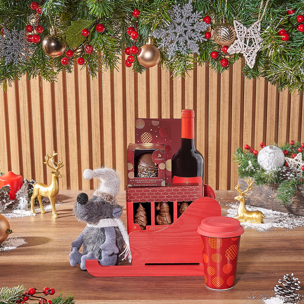 Dark Chocolate Holiday Wine Gift Basket – how the gift is presented