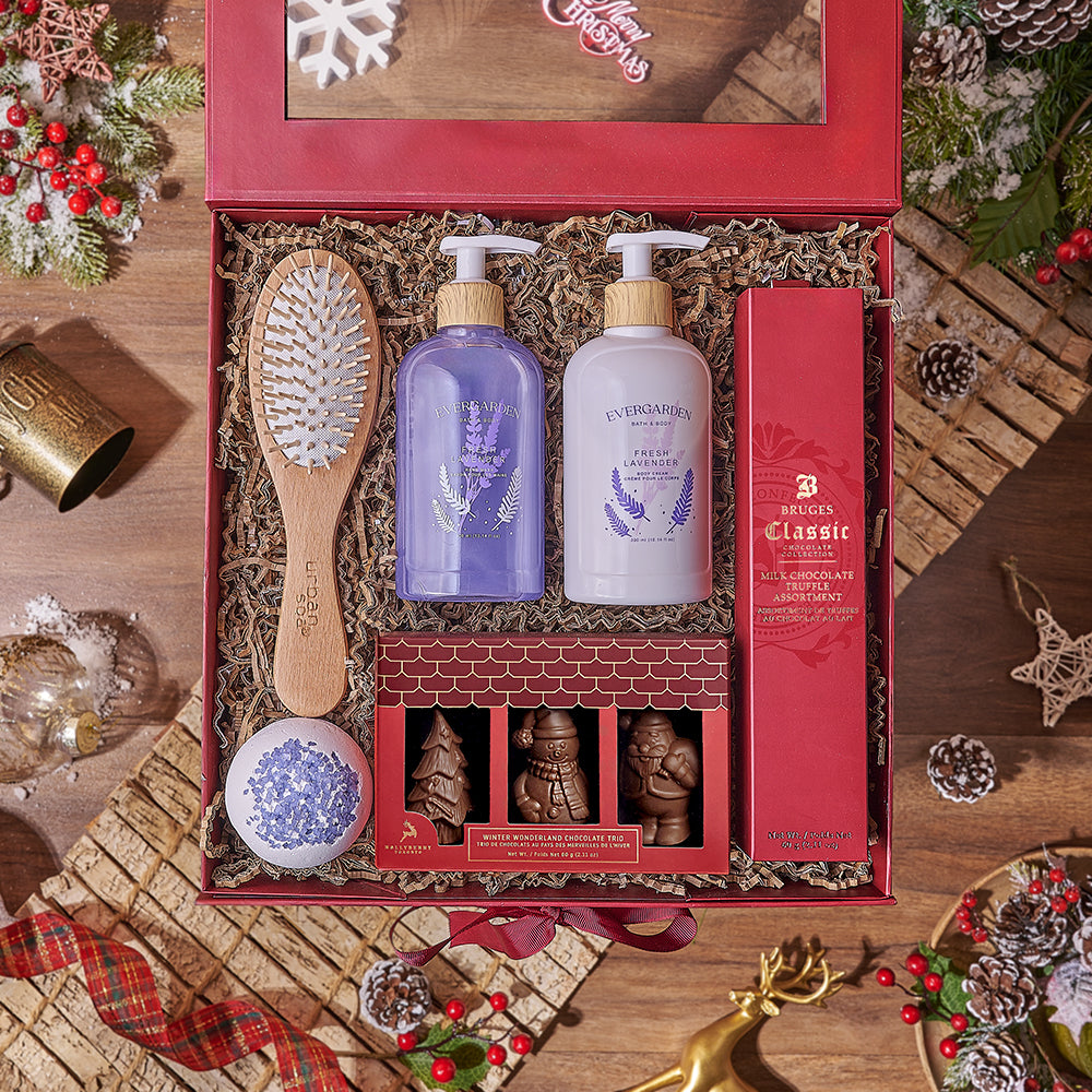 Holiday Spa & Chocolate Gift Box, chocolate gift, chocolate, spa gift, spa, bath gift, bath, Chicago delivery
