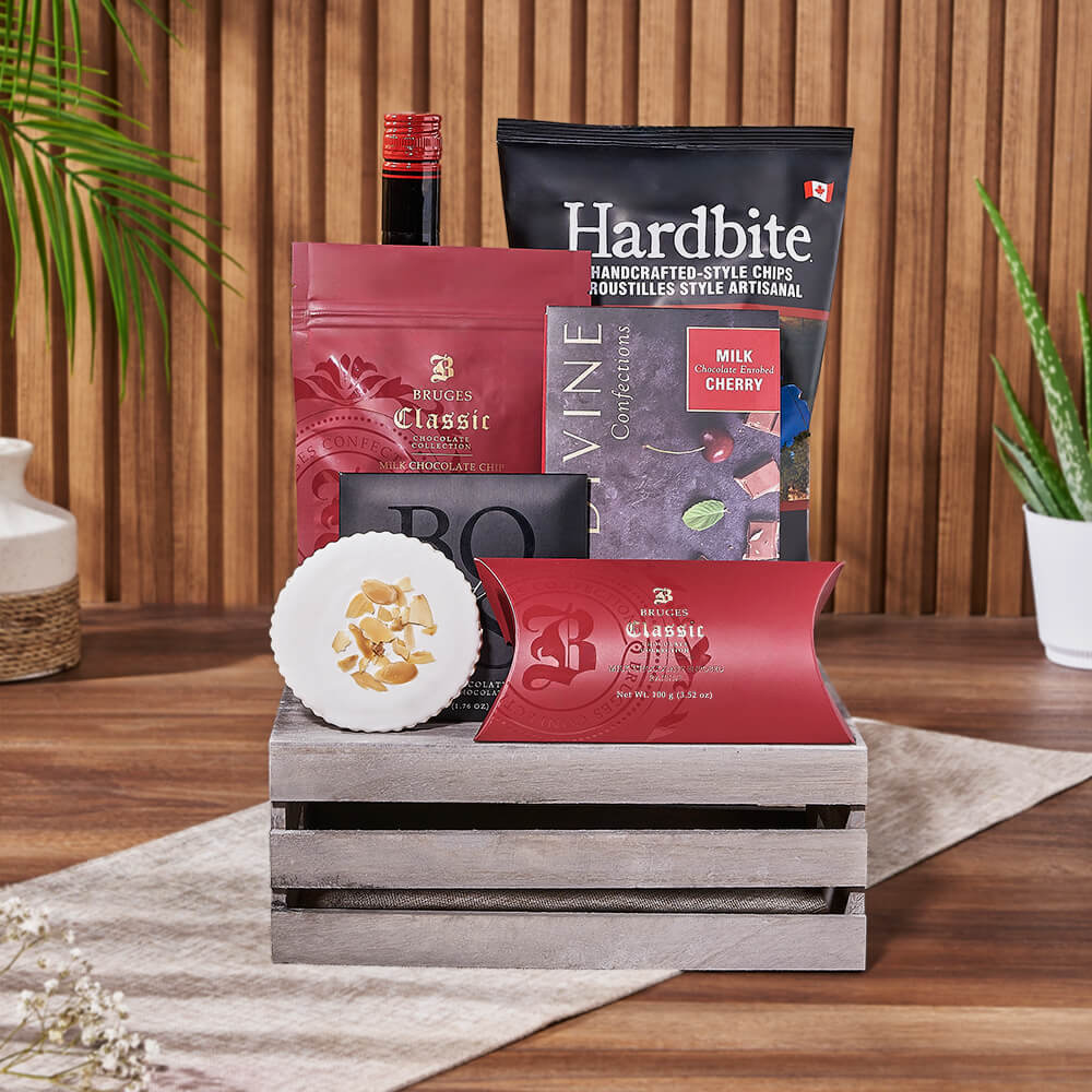 Vodka Chocolate and Snacks Gift Crate – how the gift is presented