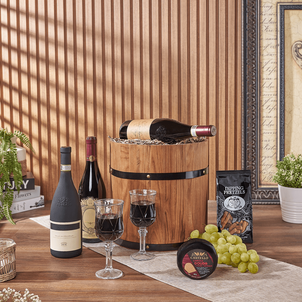 Lovely Wine Cheese Barrel - Premium Wines, wine gift, wine, fruit gift, fruit, cheese gift, cheese, Chicago delivery