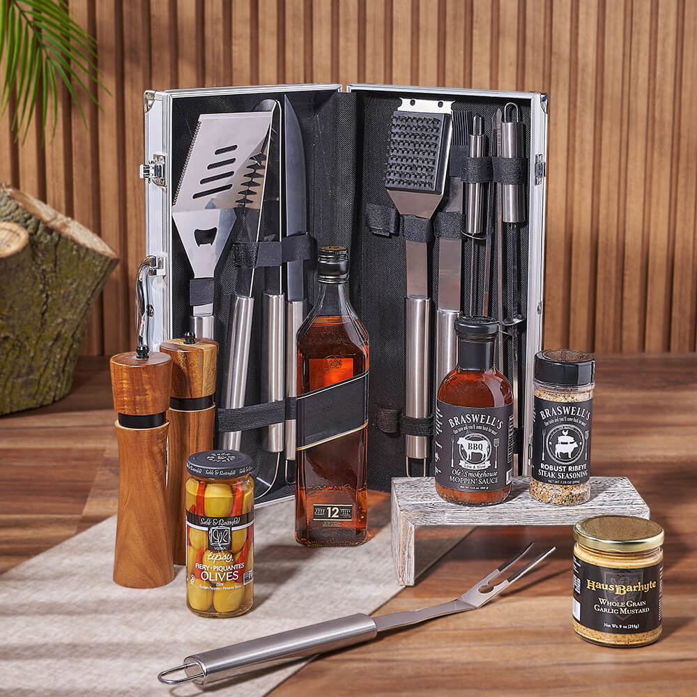 Mediterranean Grilling Gift Set with Liquor from Chicago Baskets - Liquor Gift Basket - Chicago Delivery.