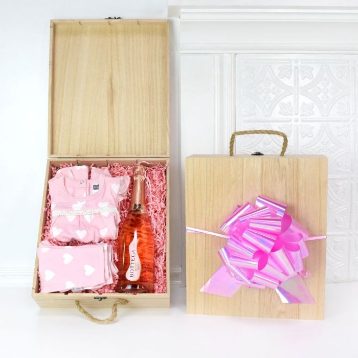 Champagne Celebration Gift Featuring Kushies Soft N Cuddly Infant Outfit – how the gift is presented