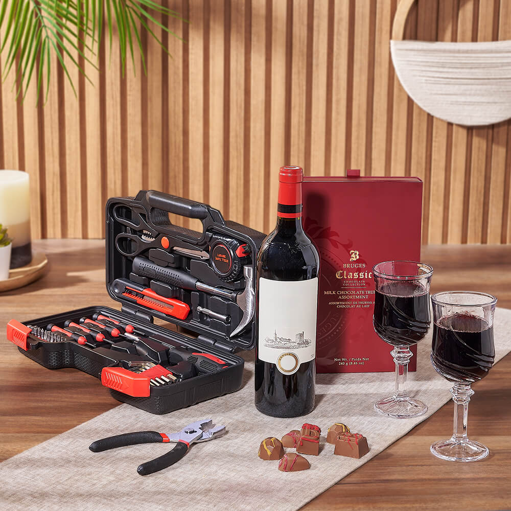 Practical Wine &amp; Tool Gift, wine gift, wine, tool gift, tools, chocolate gift, chocolate, Chicago delivery