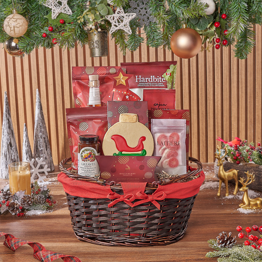 Whiskey and Assorted Treats Basket – how the gift is presented